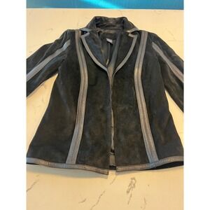 Earl Jean Black Suede Leather Blazer Jacket OpenFront Piping Trim Small 1380200M